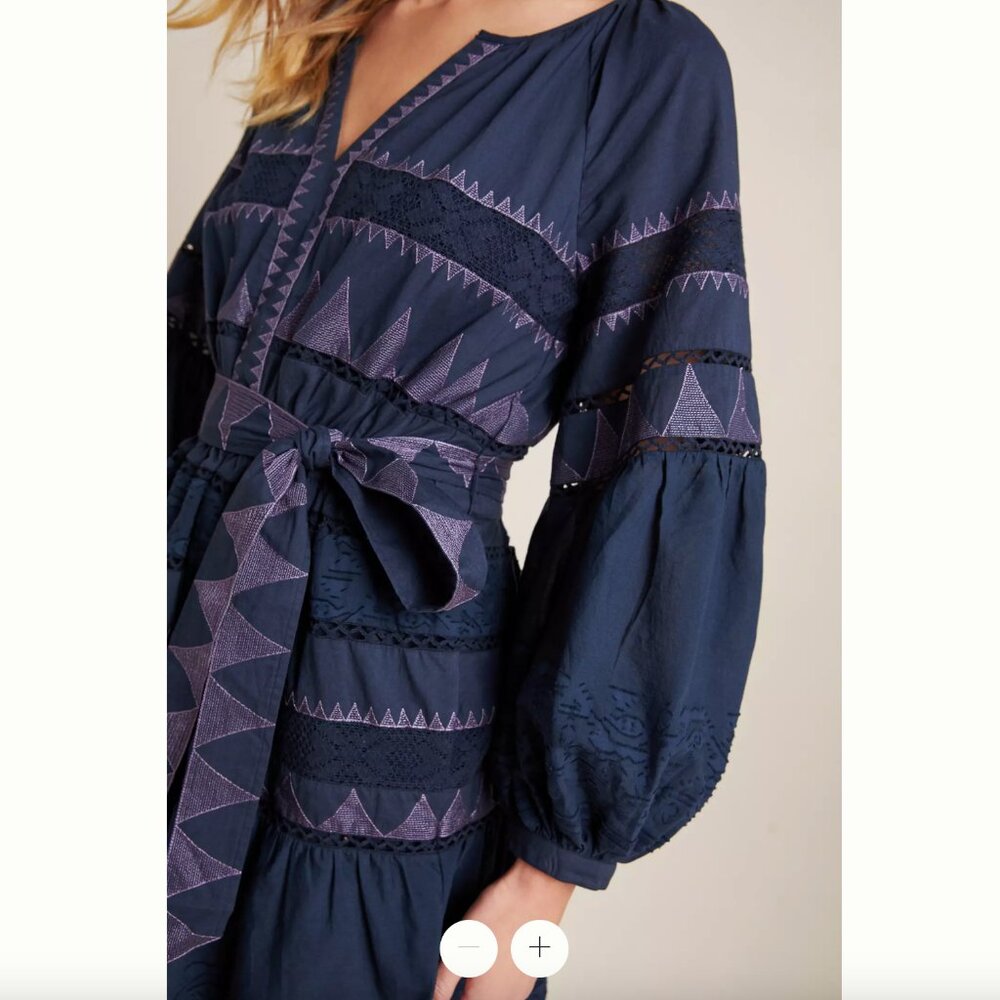 NWT Anthropologie | Skye Embroidered Mini Dress in Navy Blue & Purple | Size XS